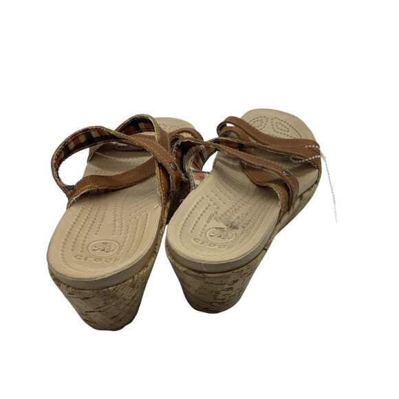 Crocs Sandals A-Leigh Slip On Wedge Slide Brown Leather Open Toe Women Size 8 - Picture 4 of 7